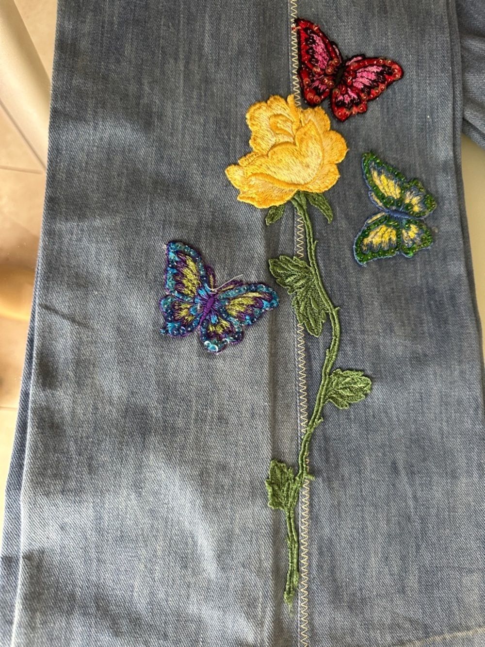 LK NEW 70s Faded Glory Wide Leg Jeans Embroidered / Sequined 🦋 & 💐 - Picture 4 of 15